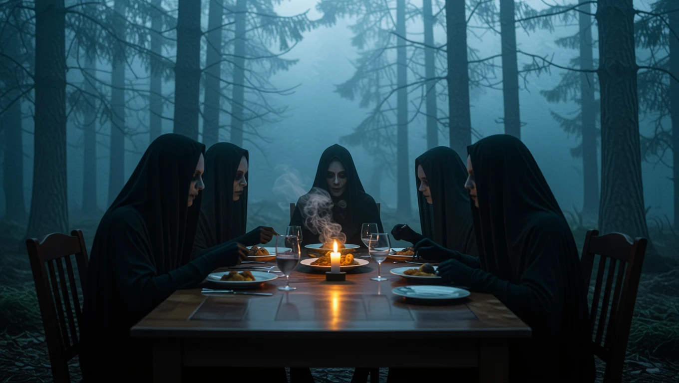 Eine mysteriöse Gruppe von Personen in dunklen Gewändern sitzt um einen Tisch im Wald und isst.