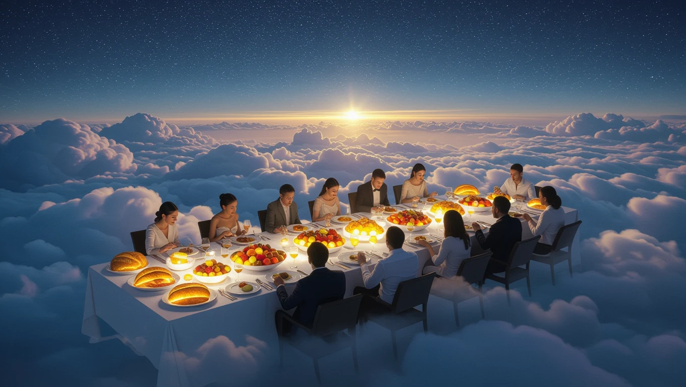 Eine Gruppe von Menschen sitzt an einem Tisch voller Speisen in den Wolken.