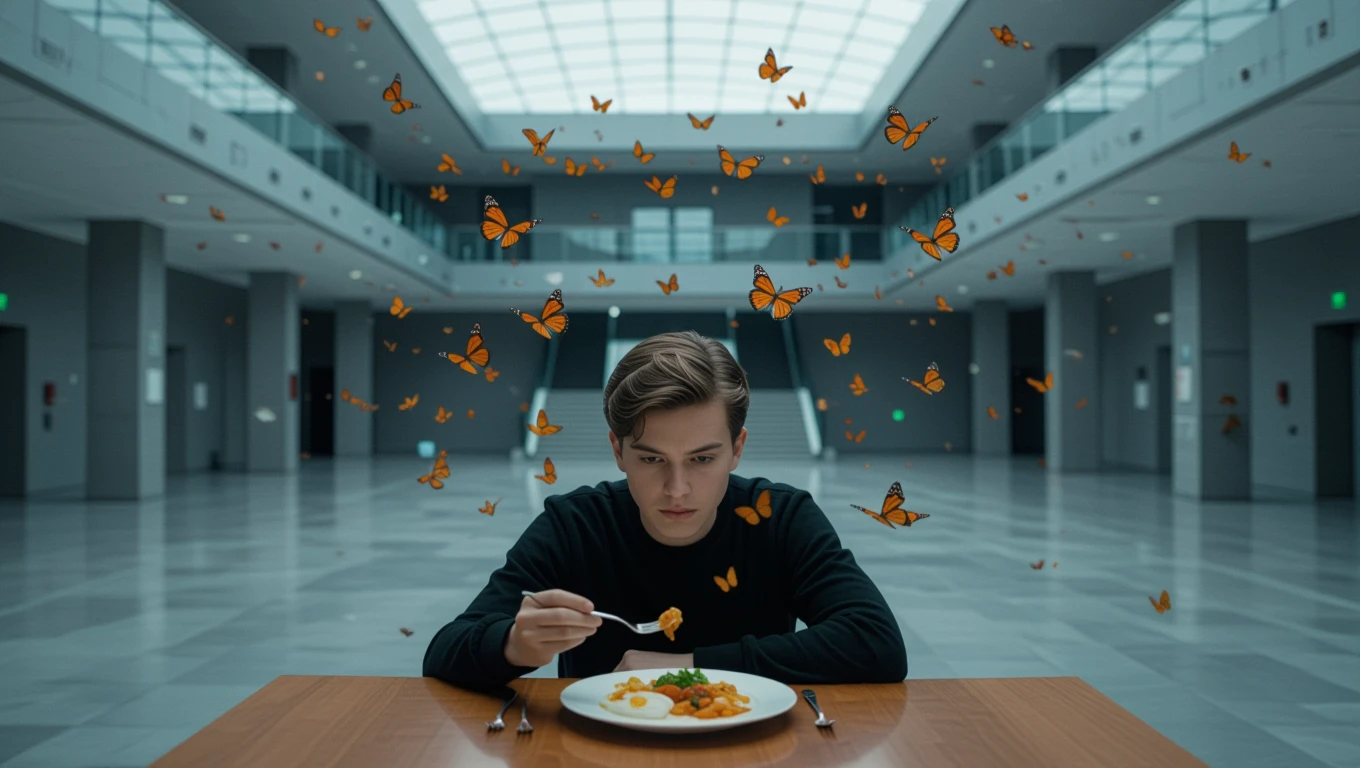Ein junger Mann sitzt an einem Tisch und betrachtet nachdenklich einen Teller mit Essen, umgeben von Schmetterlingen.