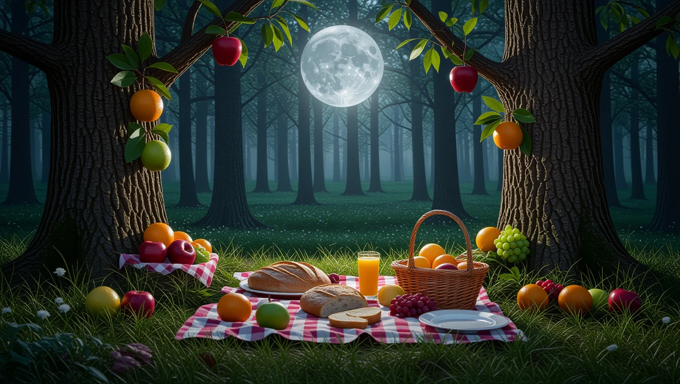 Ein Picknick mit frischem Obst und Brot unter einem Vollmond in einem Wald.