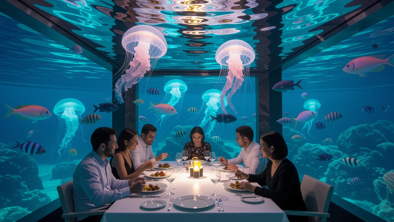 Eine Gruppe von Menschen genießt ein elegantes Abendessen unter Wasser mit Quallen und Fischen.