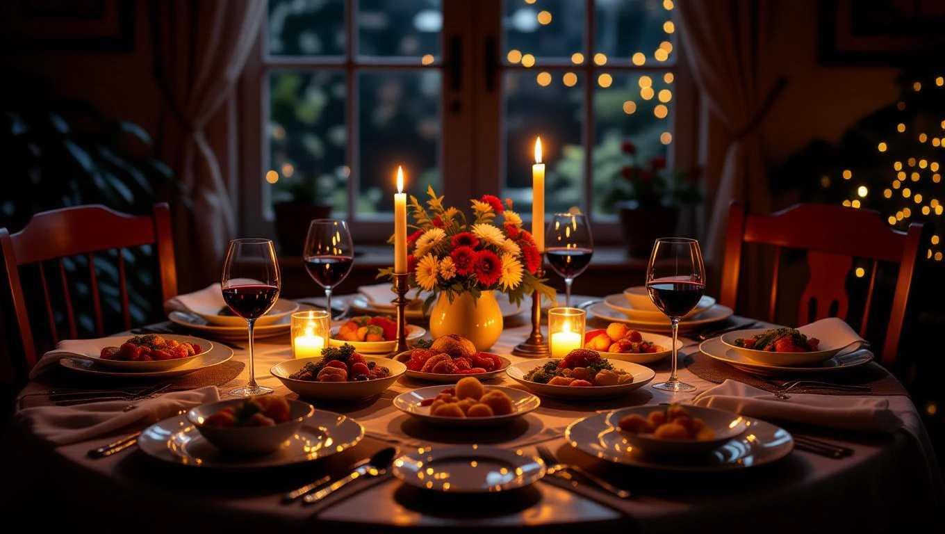 Ein festlich gedeckter Tisch mit verschiedenen Speisen und Kerzenlicht.