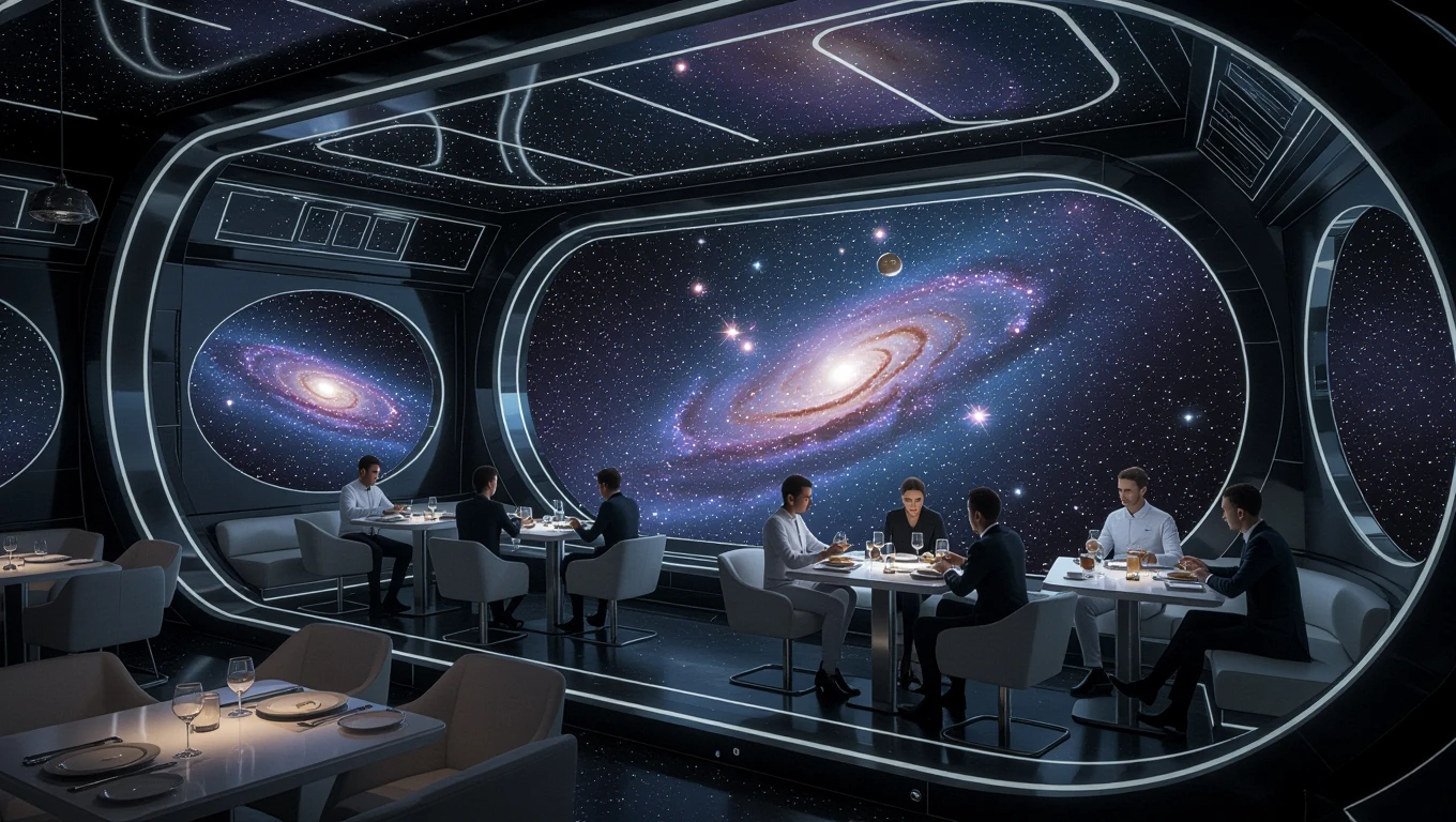 Futuristisches Restaurant mit Blick auf eine Galaxie, wo Gäste speisen.