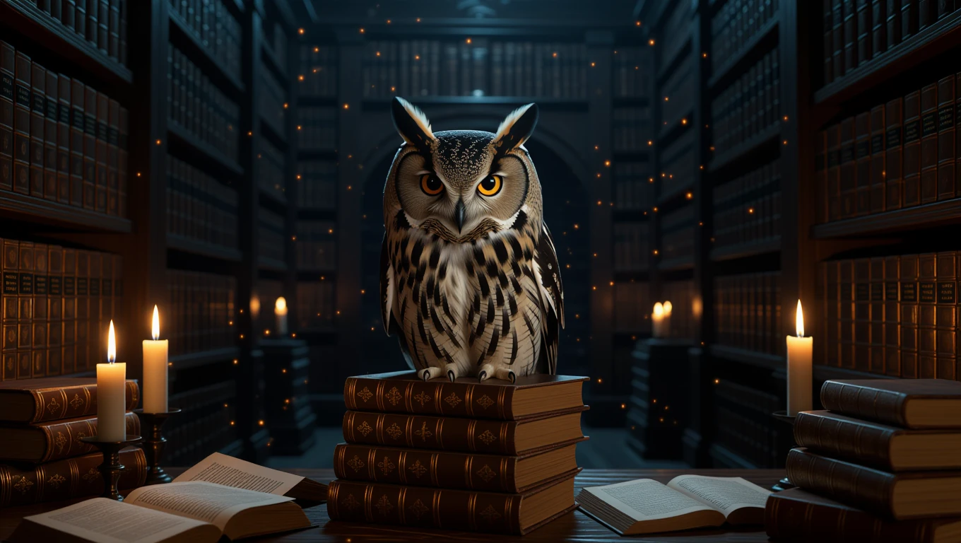 Eine Eule sitzt auf einem Stapel Bücher in einer dunklen Bibliothek.