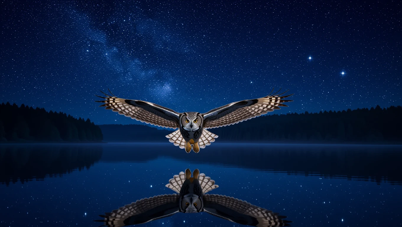 Eine Eule fliegt über einen ruhigen See unter einem sternenklaren Himmel.