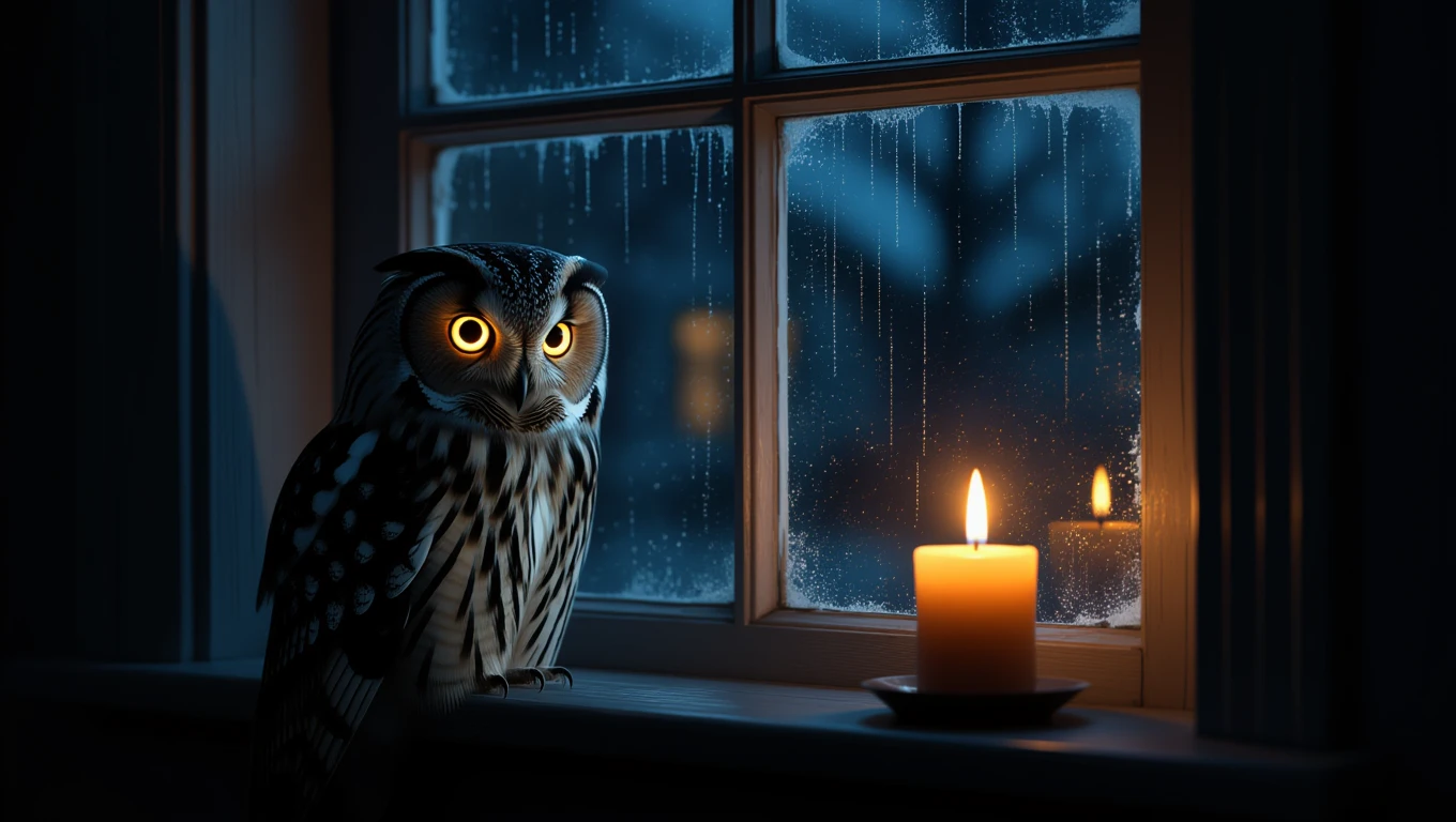 Eine Eule sitzt am Fenster und blickt mit leuchtenden Augen ins Dunkel.