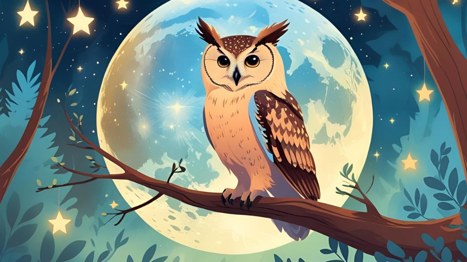 Eine Eule sitzt auf einem Ast vor einem großen, leuchtenden Mond.