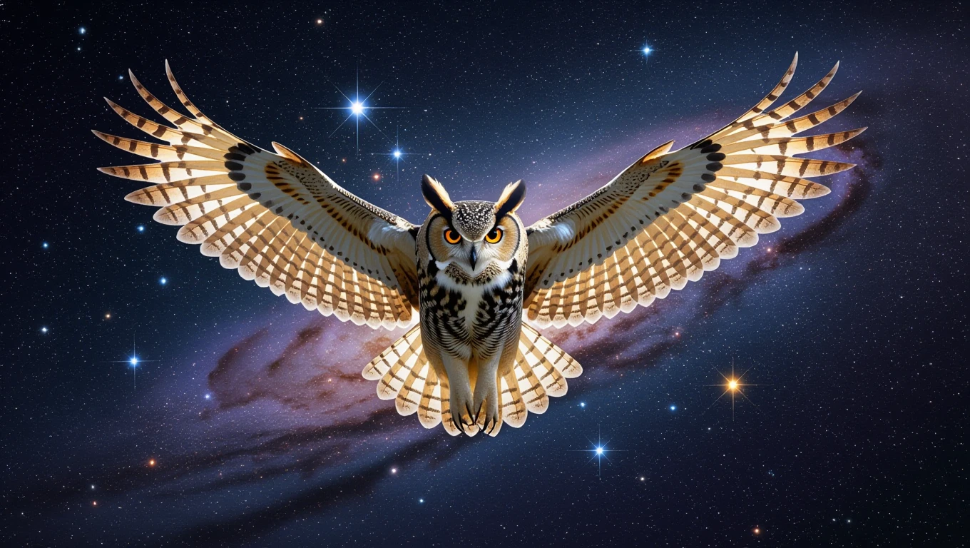 Eine majestätische Eule mit ausgebreiteten Flügeln vor einem sternenübersäten Himmel.
