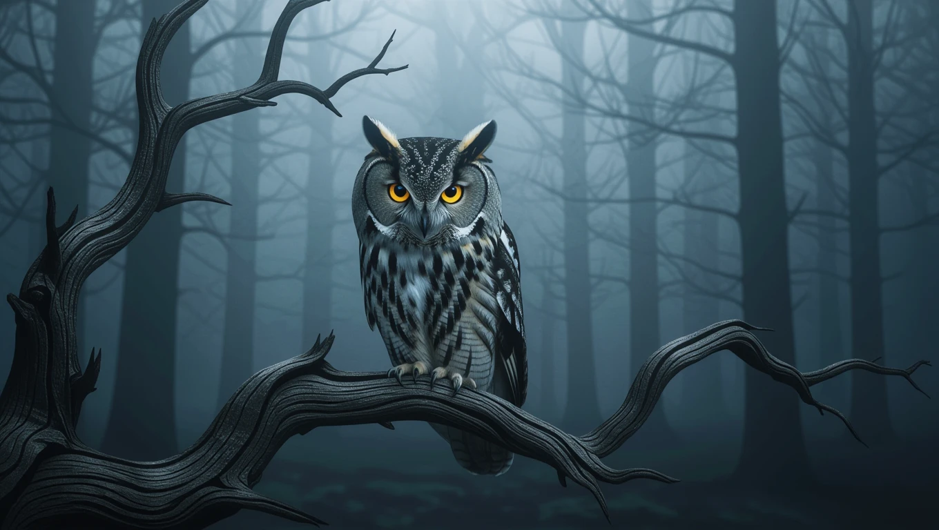 Eine Eule sitzt auf einem Ast in einem nebligen Wald, symbolisiert Weisheit.