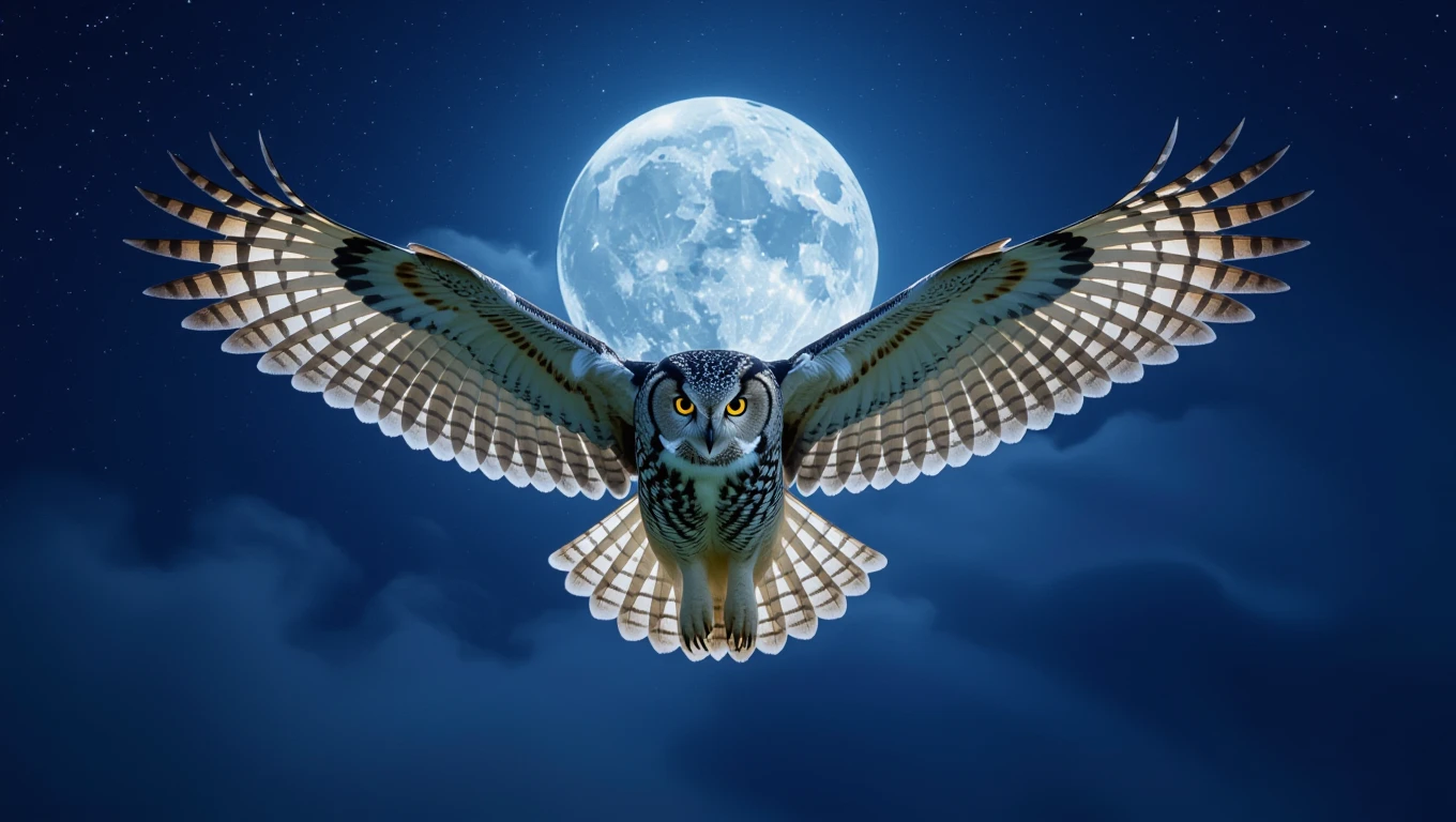 Eine majestätische Eule fliegt vor einem vollen Mond in der Nacht.