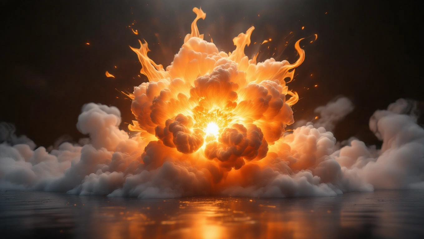 Eine Explosion mit leuchtenden Flammen und Rauchwolken, die Transformation symbolisiert.
