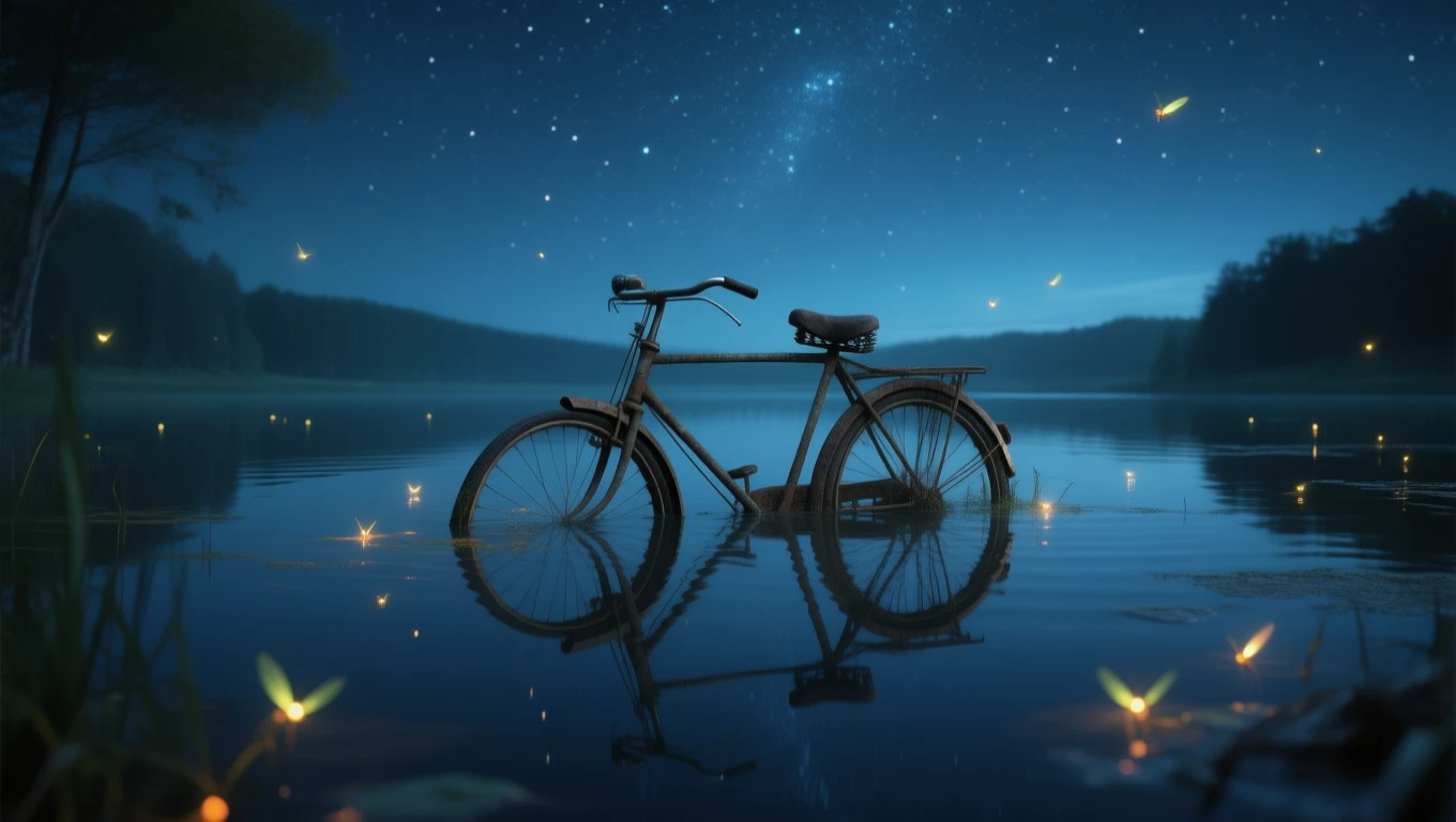 Ein Fahrrad steht im ruhigen Wasser unter einem sternenklaren Himmel.