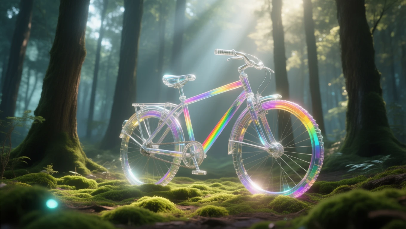 Ein buntes Fahrrad steht im Wald, umgeben von moosbedecktem Boden und Sonnenstrahlen.