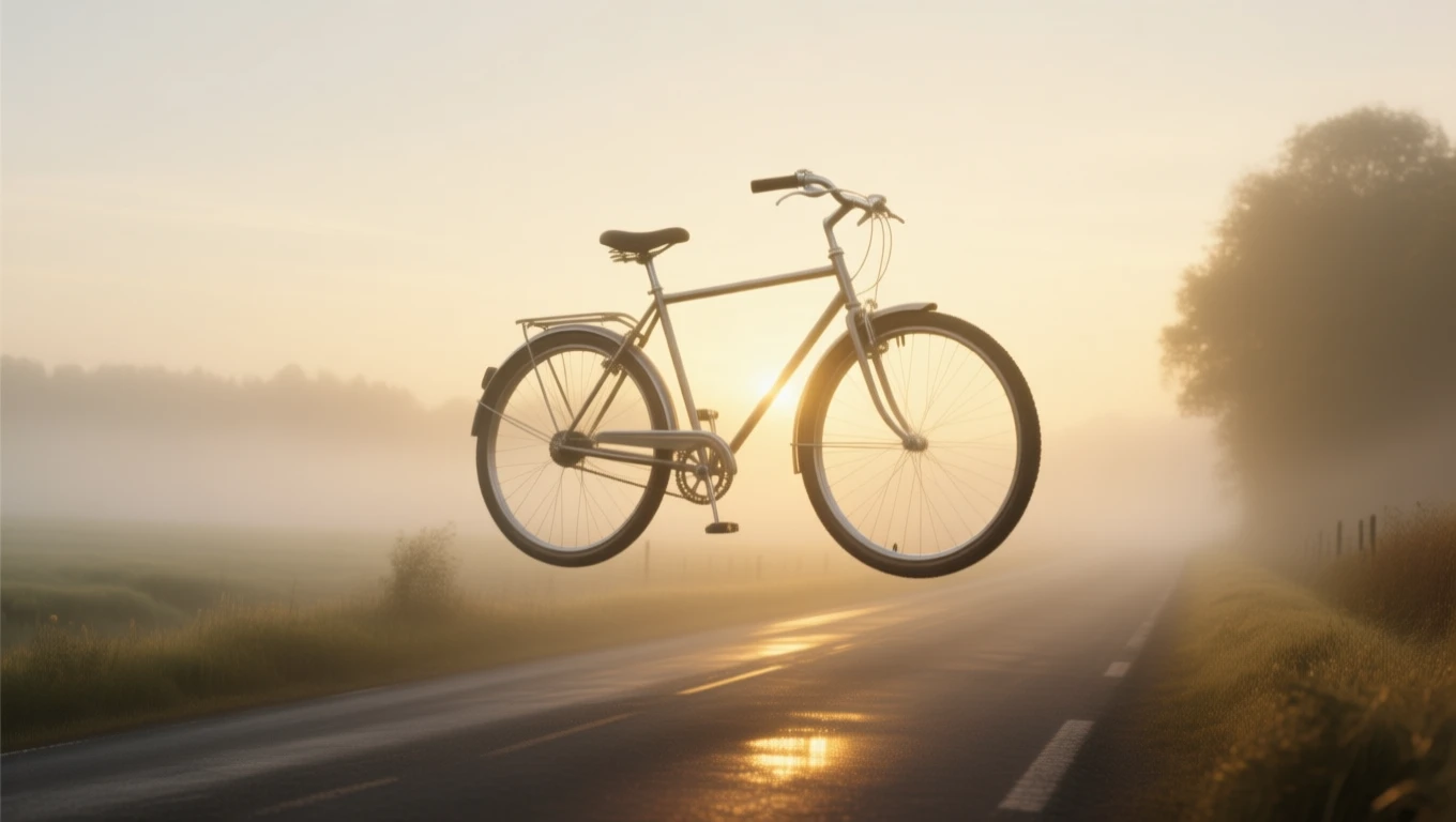 Ein Fahrrad schwebt über einer nebligen Straße, symbolisiert Freiheit und Abenteuer.