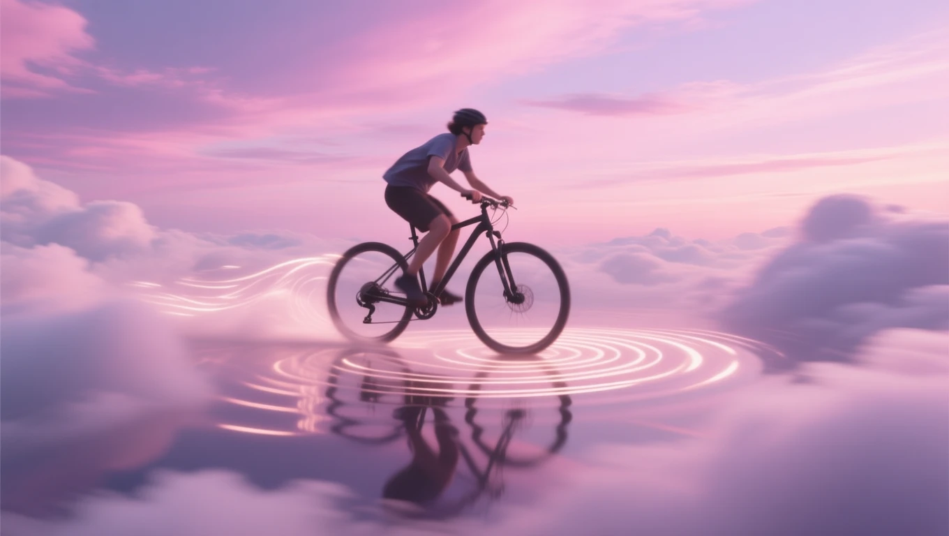 Ein Radfahrer fährt auf einer Wolkenlandschaft, die Freiheit symbolisiert.