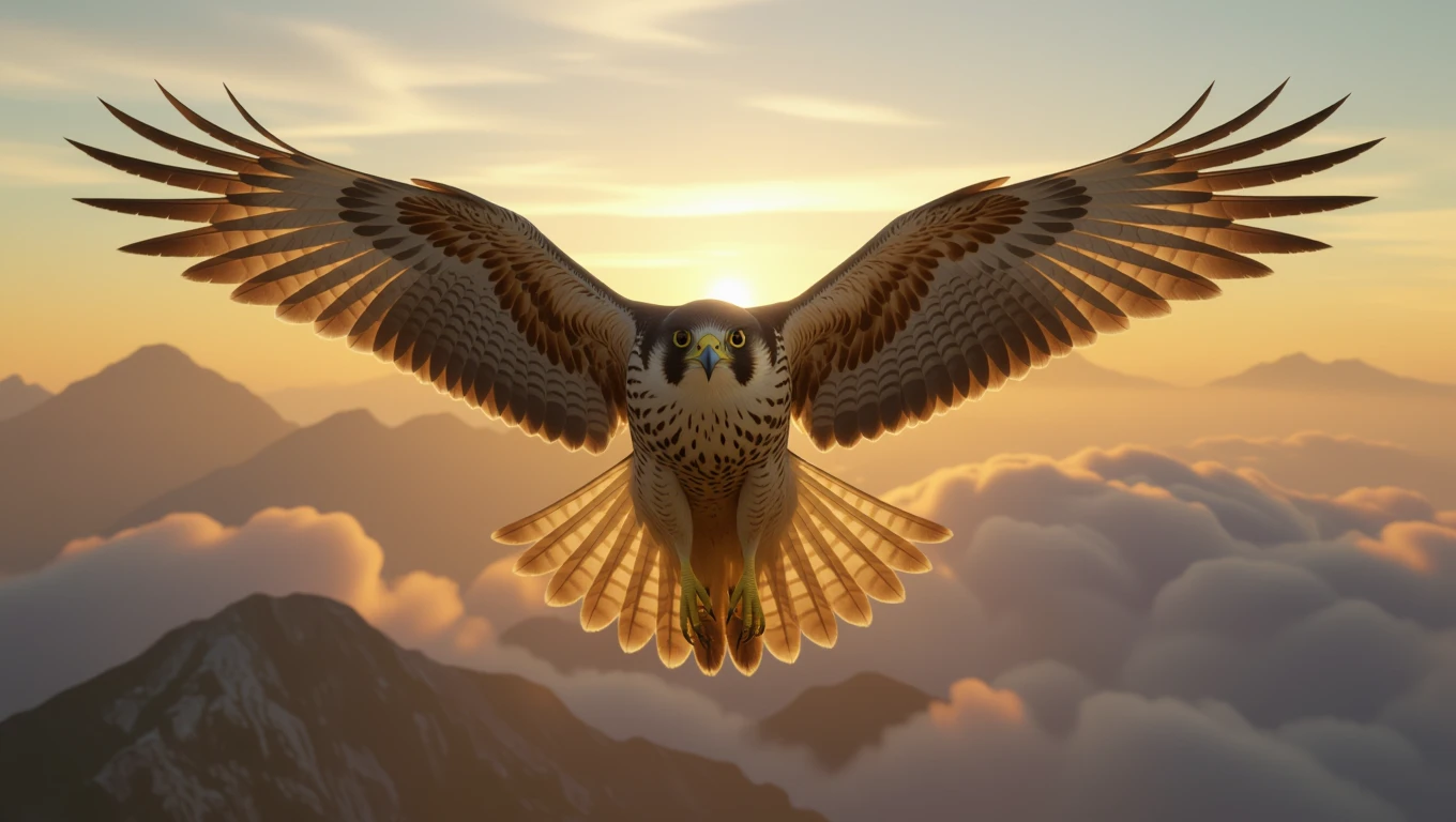 Ein majestätischer Falke fliegt über Berge und Wolken bei Sonnenuntergang.