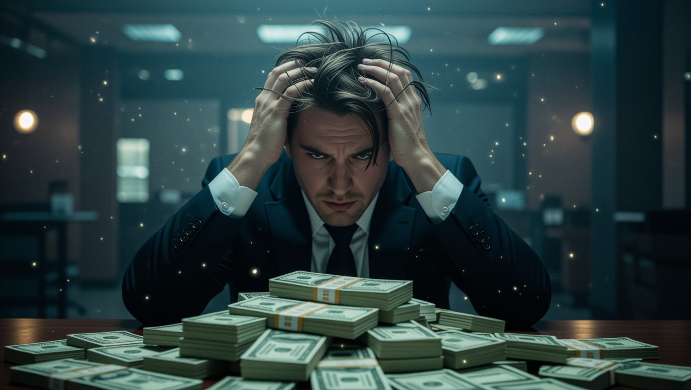 Ein gestresster Banker sitzt vor einem Geldstapel und hält sich den Kopf.
