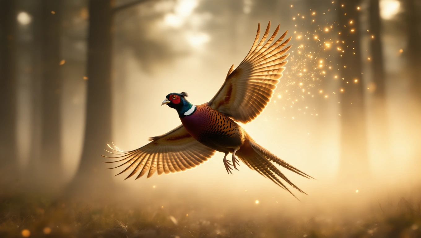 Ein prächtiger Fasan fliegt durch einen nebligen Wald, symbolisiert Freiheit.