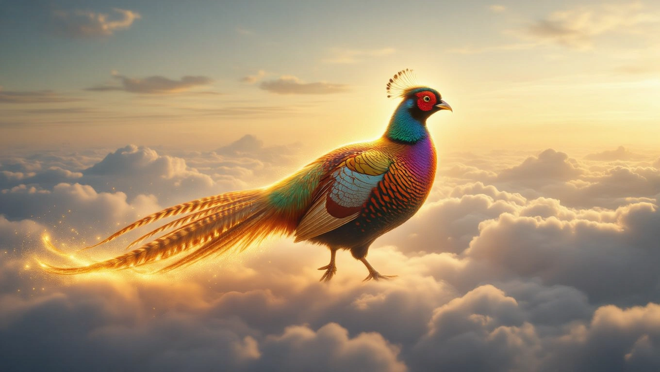 Ein prächtiger Fasan mit buntem Gefieder schwebt über Wolken bei Sonnenuntergang.