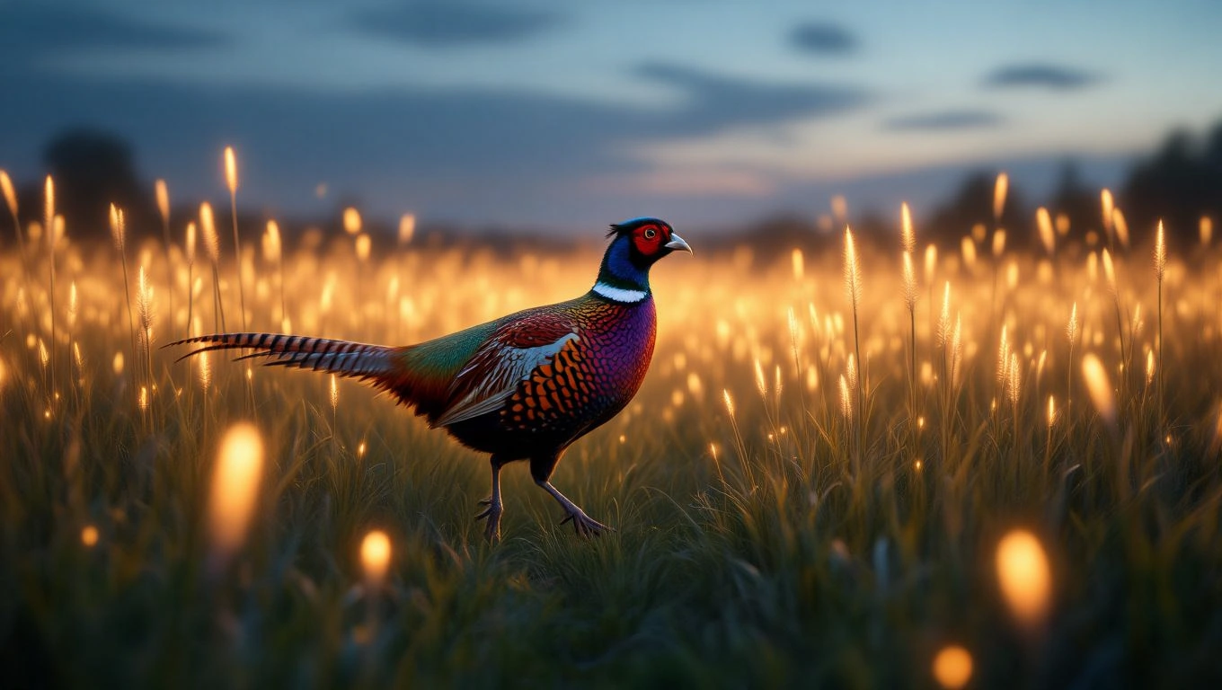 Ein prächtiger Fasan steht in einem goldenen Feld unter einem Abendhimmel.
