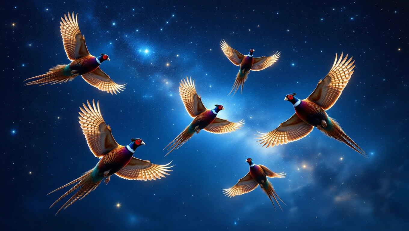 Fünf prächtige Fasanen fliegen durch einen sternenklaren Nachthimmel.