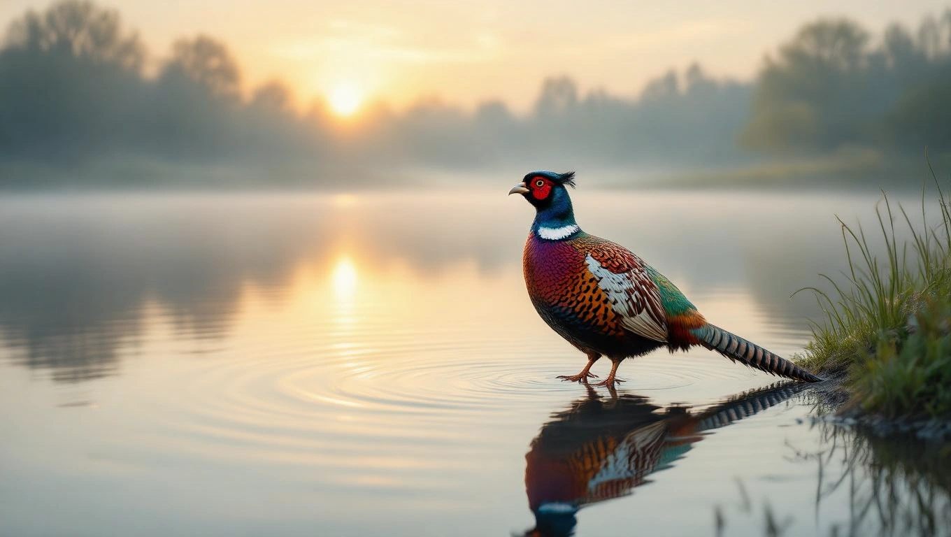 Ein prächtiger Fasan steht am Ufer eines ruhigen Gewässers bei Sonnenaufgang.