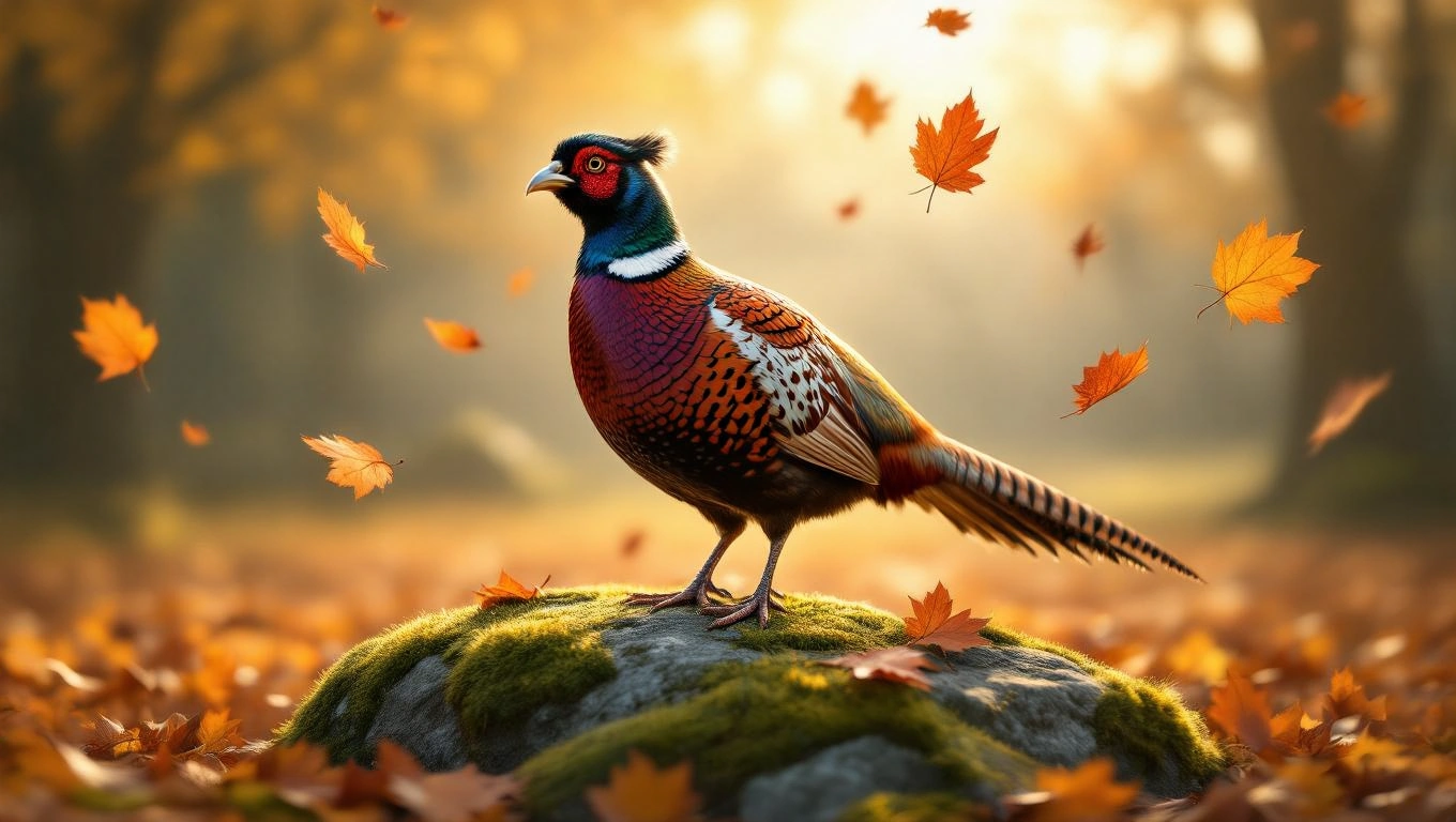 Ein prächtiger Fasan steht auf einem Stein, umgeben von herbstlichen Blättern.