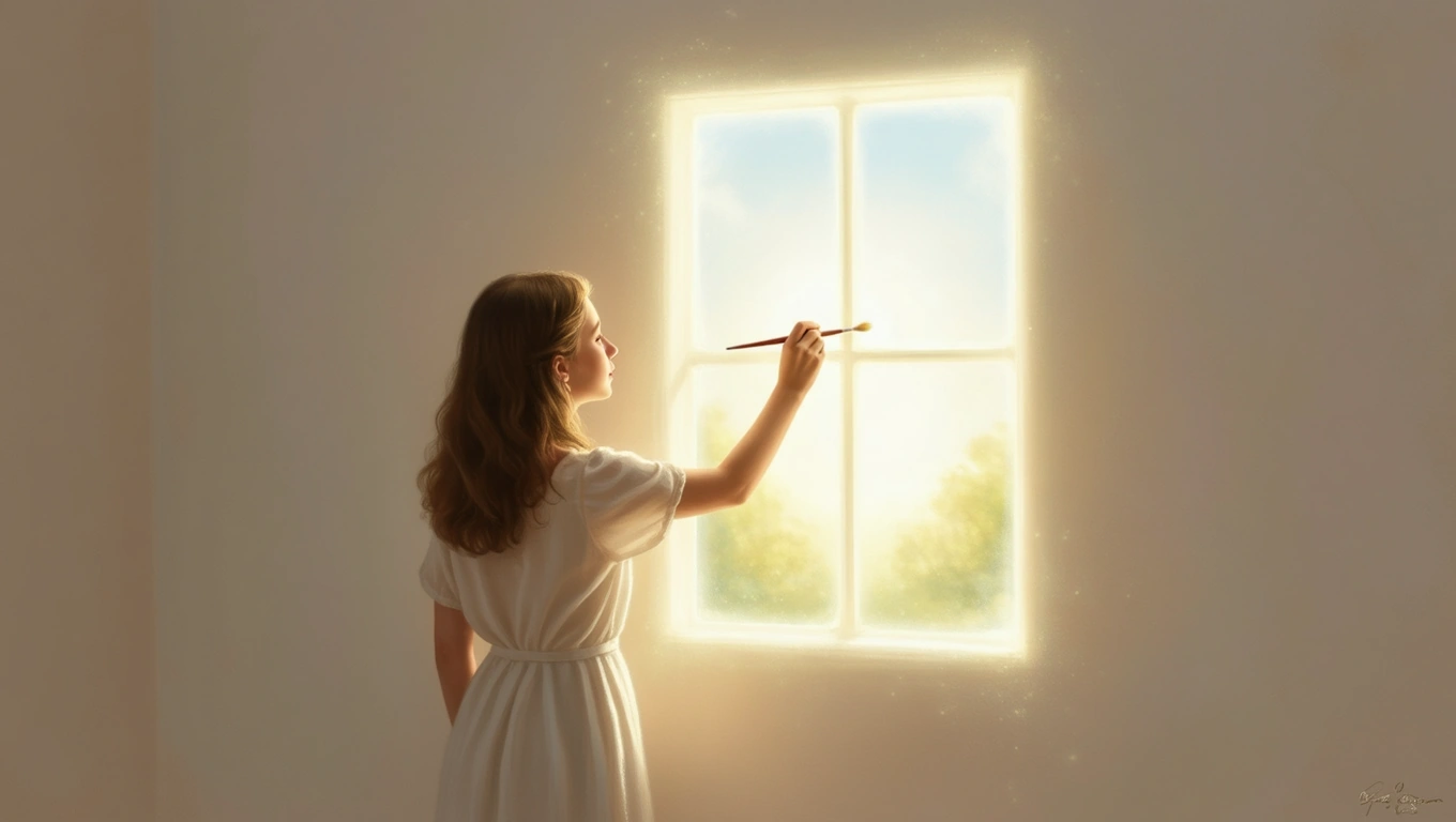 Ein Mädchen malt an einem leuchtenden Fenster, das neue Perspektiven symbolisiert.