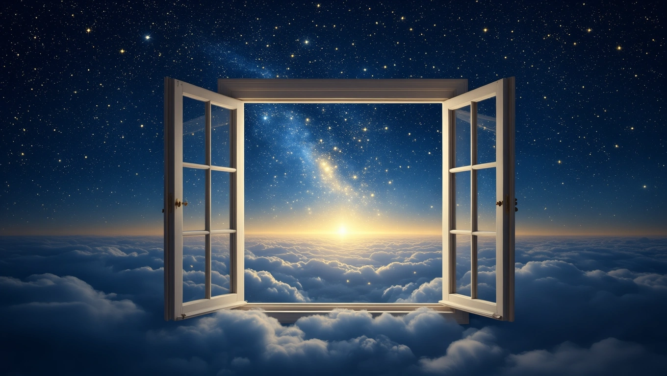 Ein offenes Fenster blickt auf einen sternenklaren Himmel über Wolken.
