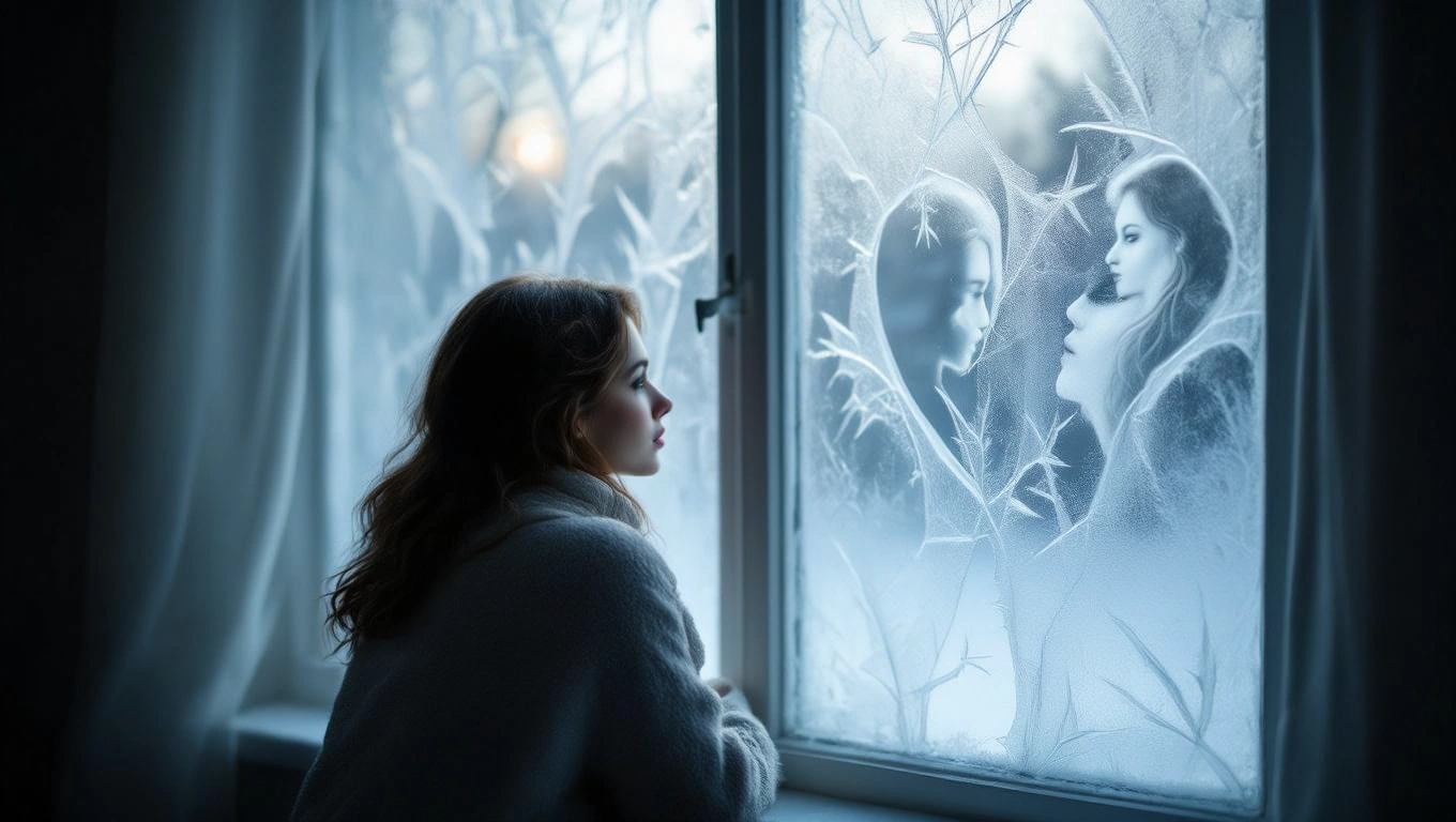 Eine nachdenkliche Frau schaut durch ein beschlagenes Fenster mit frostigen Mustern.