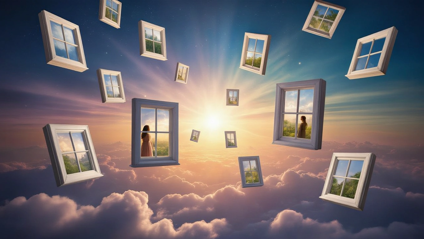 Eine Frau steht vor einem Fenster, umgeben von schwebenden Fenstern in einer traumhaften Landschaft.