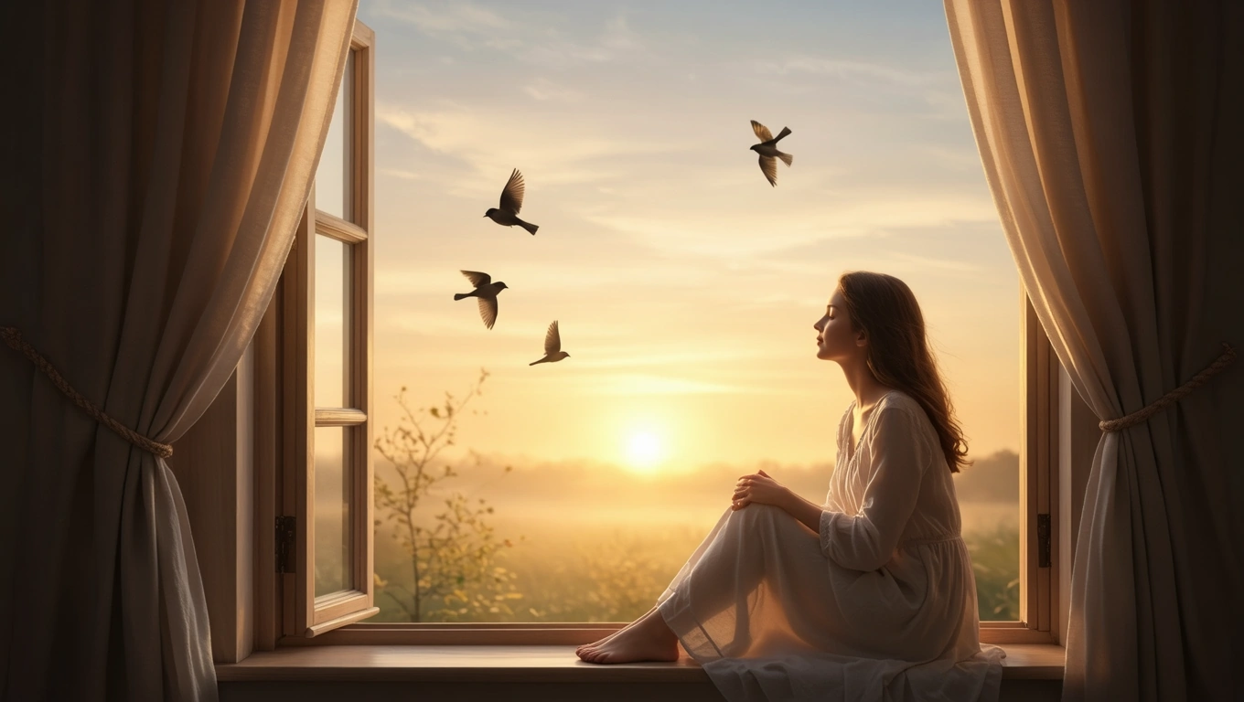 Eine nachdenkliche Frau sitzt am offenen Fenster und betrachtet den Sonnenaufgang.