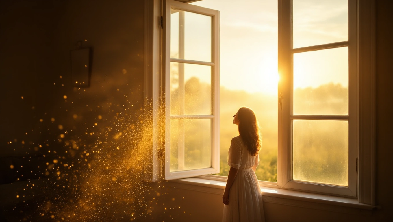 Eine Frau steht vor einem offenen Fenster und blickt in die goldene Morgenlandschaft.