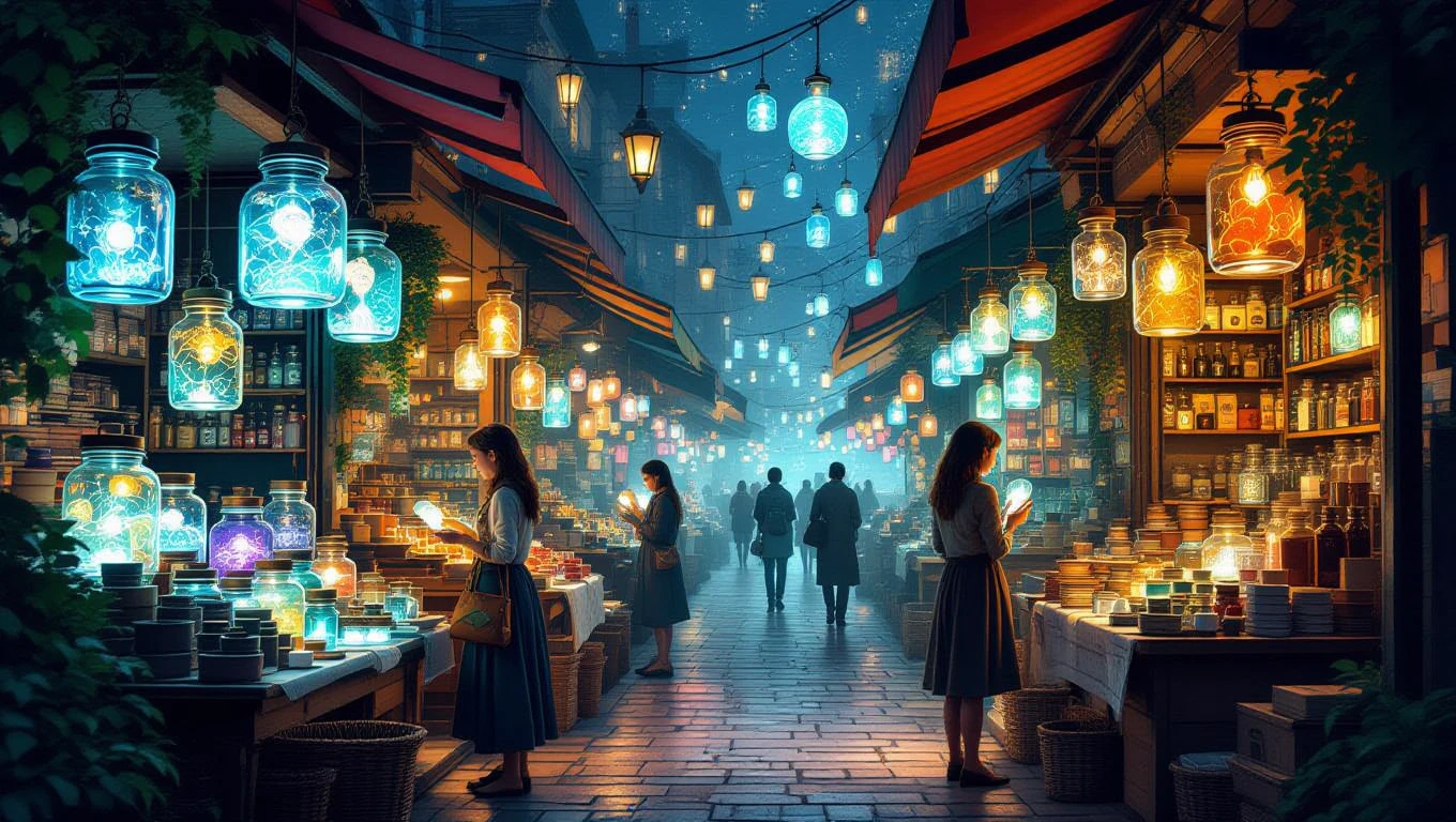 Ein lebendiger Markt mit leuchtenden Laternen und Menschen, die stöbern.