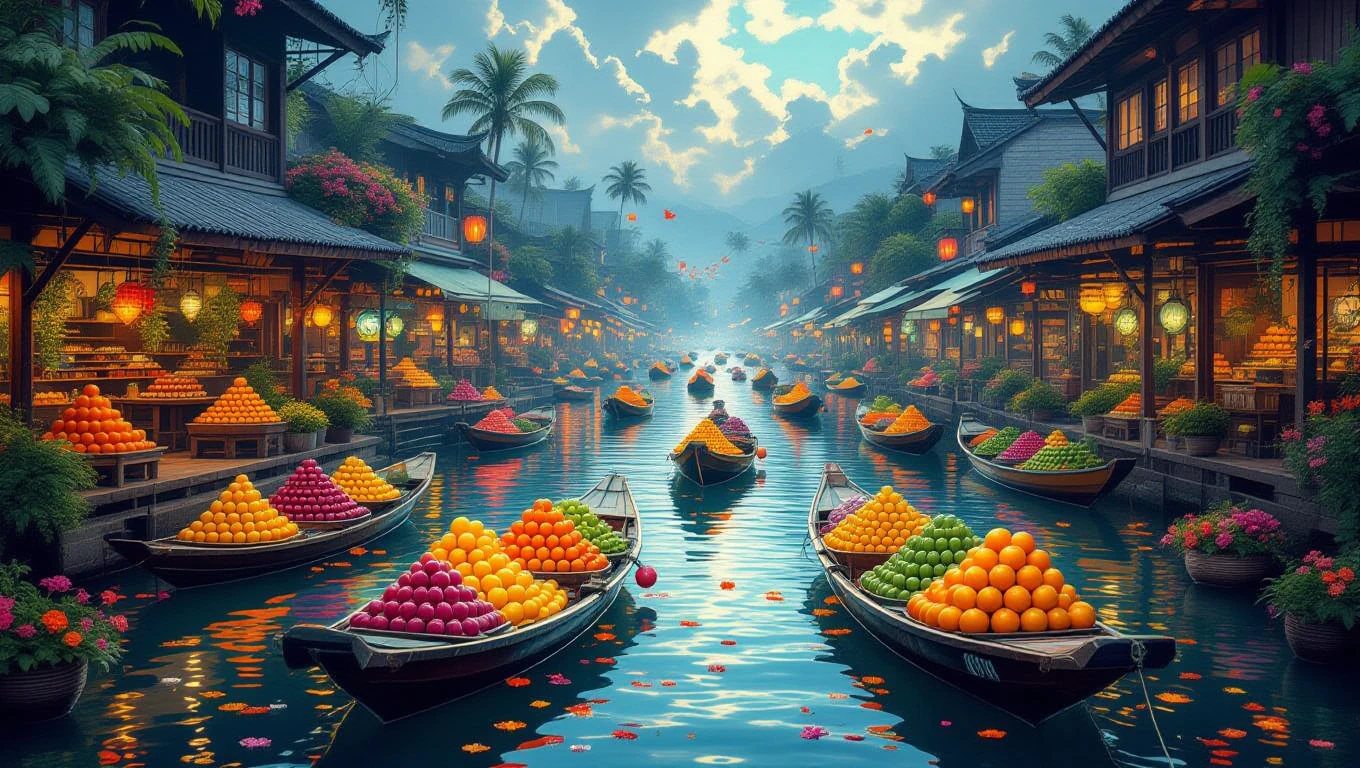 Bunte Obststände auf einem ruhigen Wasserweg, umgeben von traditionellen Gebäuden.