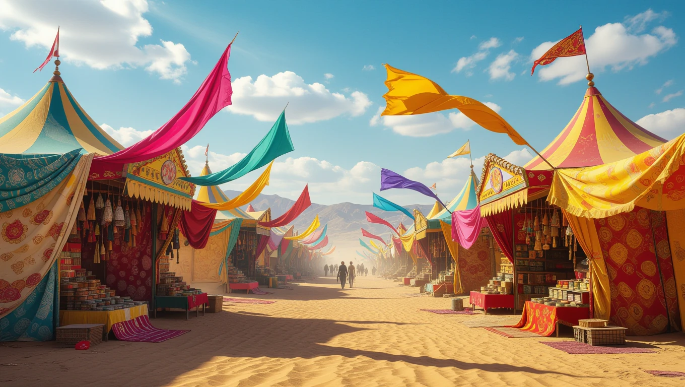 Bunte Zelte auf einem Festplatz, umgeben von Sand und Menschen, die die Atmosphäre genießen.