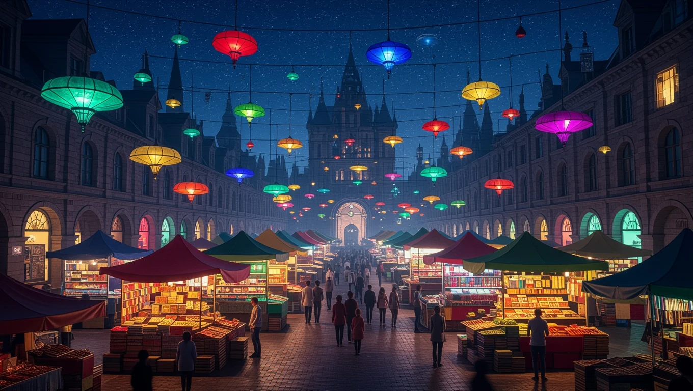 Bunte Laternen hängen über einem festlichen Markt mit Ständen und Besuchern.