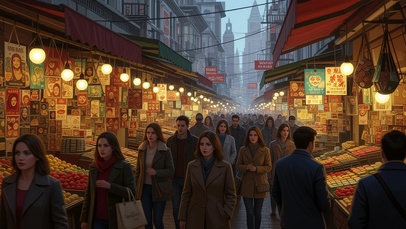 Ein belebter Markt mit Menschen, bunten Ständen und Lichtern, die eine träumerische Atmosphäre schaffen.