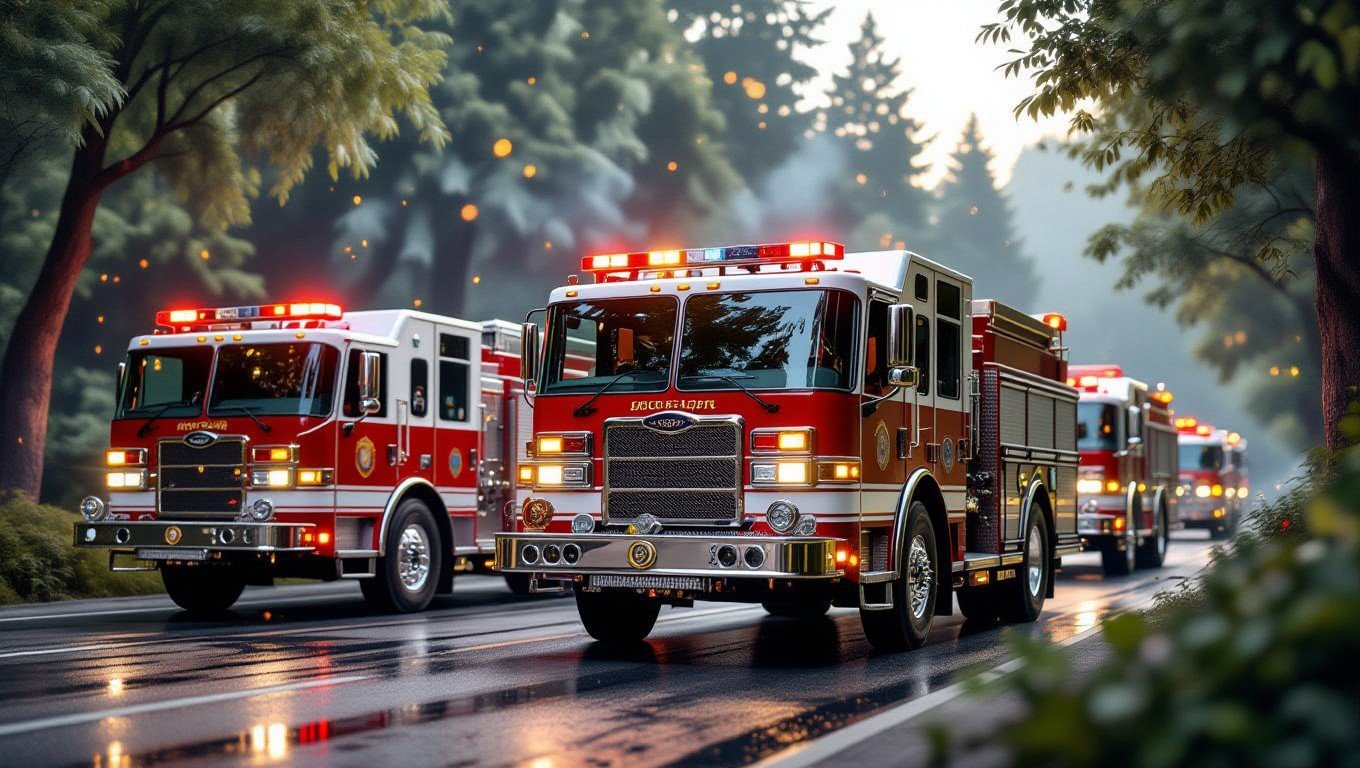 Eine Reihe von Feuerwehrfahrzeugen auf einer Straße, bereit für den Einsatz.