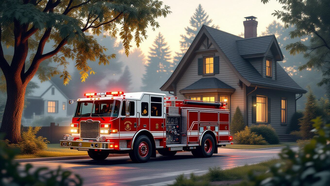 Ein rotes Feuerwehrauto steht vor einem Haus in der Dämmerung.