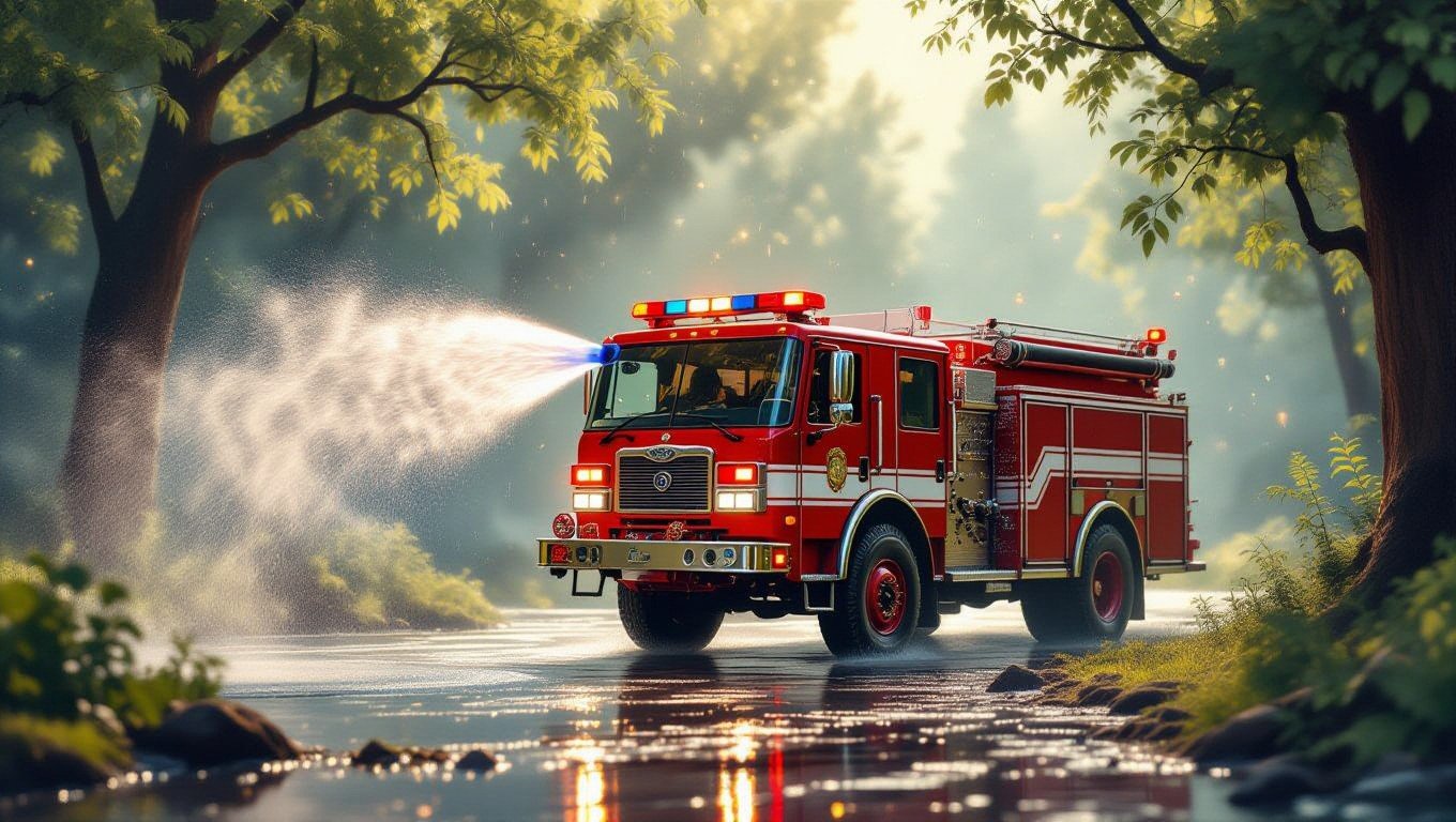 Ein Feuerwehrwagen spritzt Wasser in eine ruhige, grüne Umgebung.