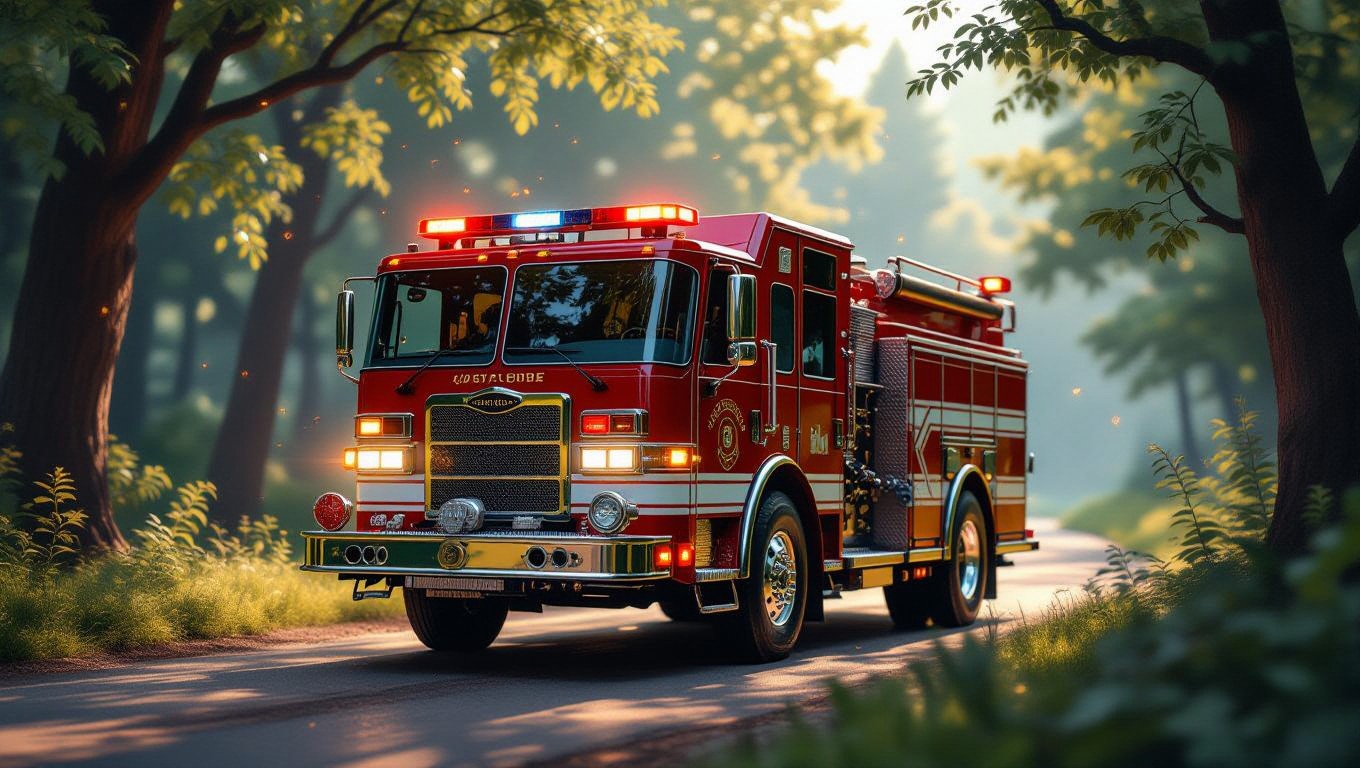 Ein rotes Feuerwehrfahrzeug steht auf einer ruhigen Waldstraße.
