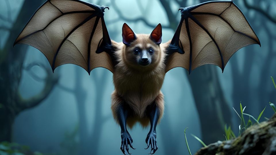 Eine Fledermaus mit großen, durchsichtigen Flügeln schwebt in einem nebligen Wald.