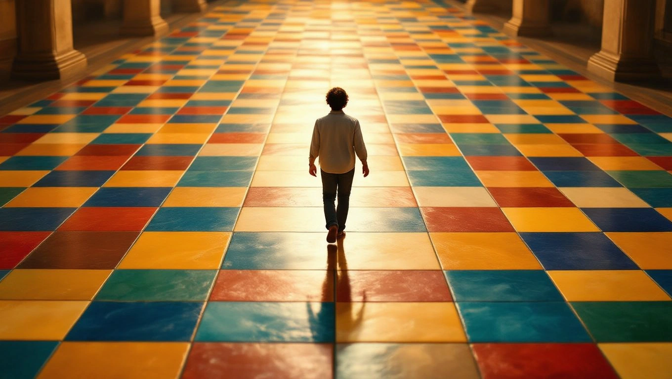 Eine Person geht über einen bunten Fliesenboden, der innere Balance symbolisiert.