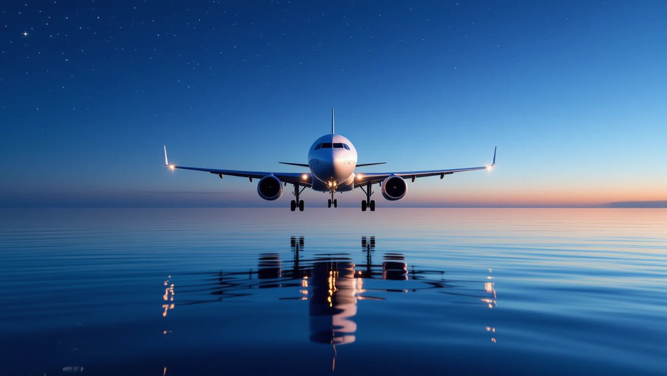Ein Flugzeug schwebt über ruhigem Wasser unter einem sternenklaren Himmel.