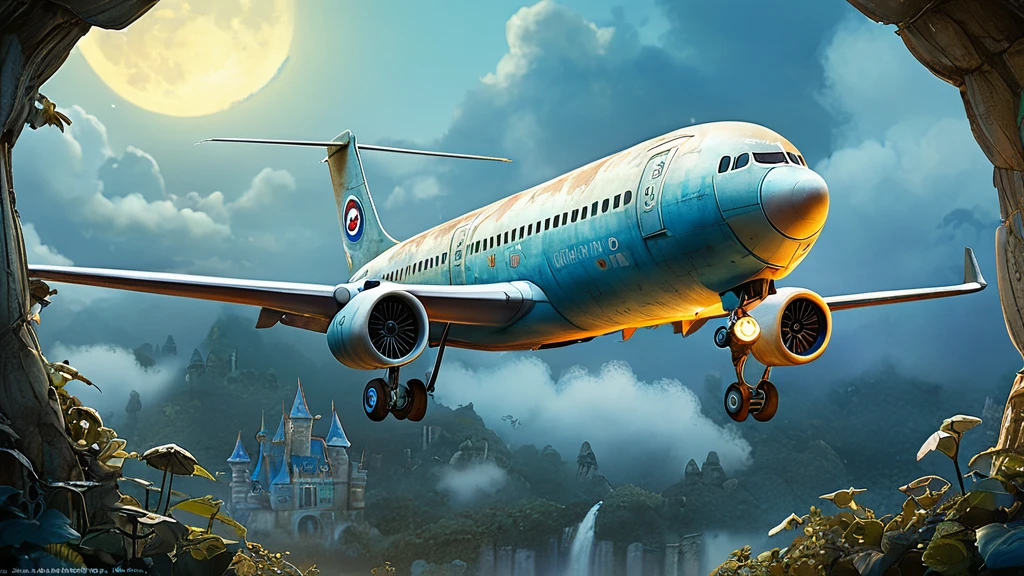 Ein Flugzeug fliegt über eine traumhafte Landschaft mit einem Schloss und einem großen Mond.