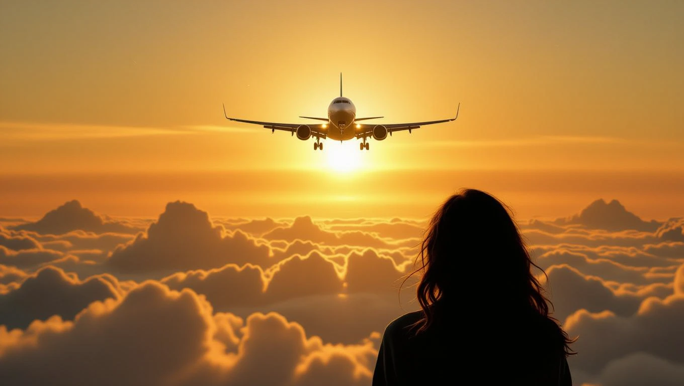 Eine Person blickt auf ein Flugzeug, das bei Sonnenuntergang über Wolken fliegt.