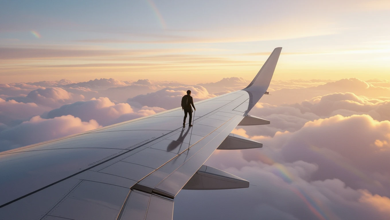 Ein Mensch steht auf dem Flügel eines Flugzeugs über den Wolken bei Sonnenuntergang.