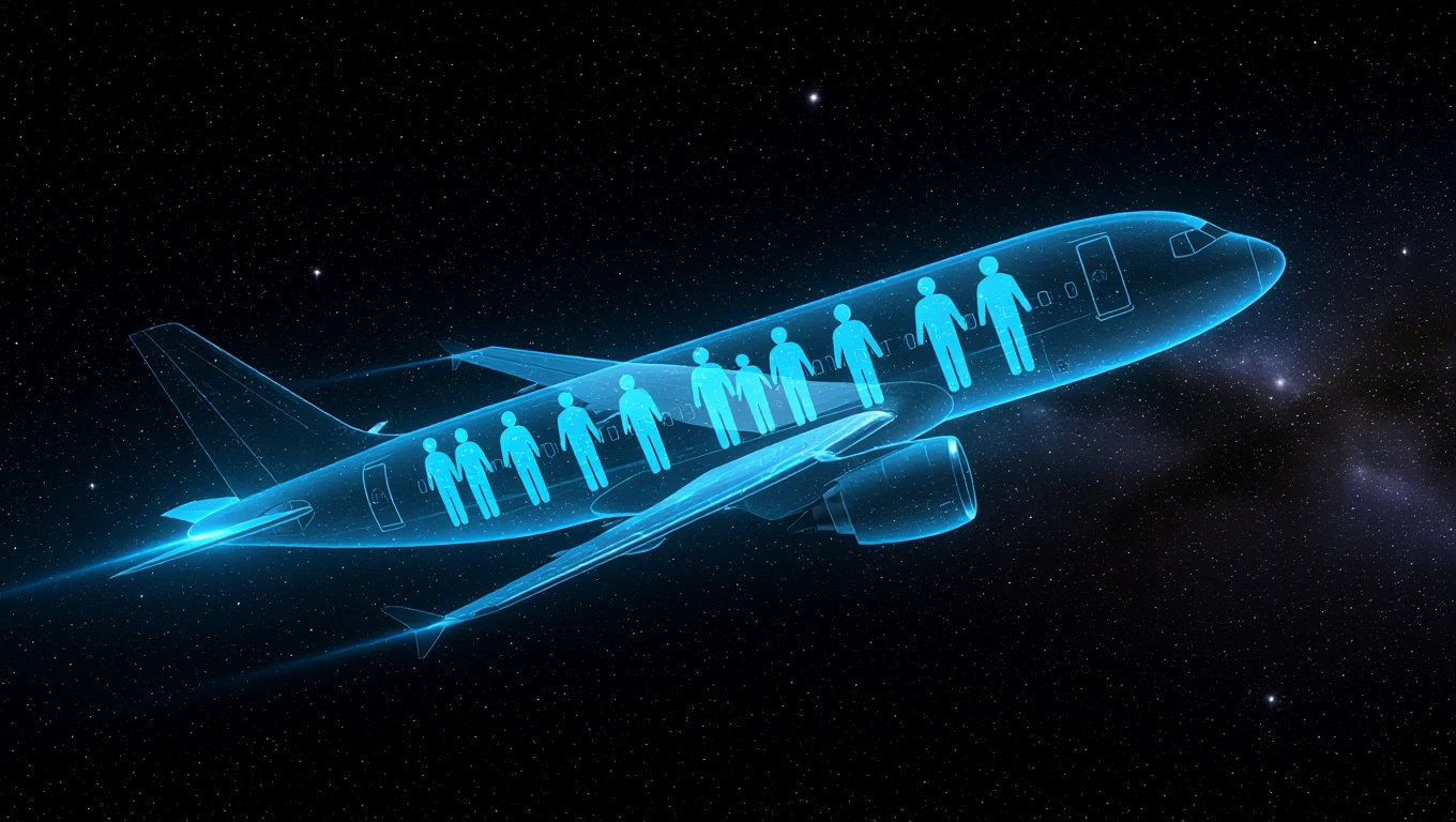 Ein futuristisches Flugzeug mit schematischen Figuren im Inneren, das Freiheit symbolisiert.