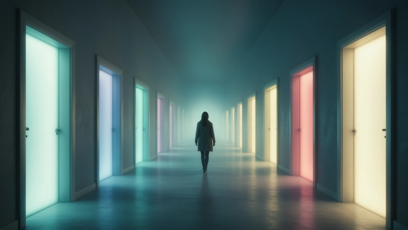 Eine Person steht in einem langen Flur mit bunten Türen, die verschiedene Wege symbolisieren.